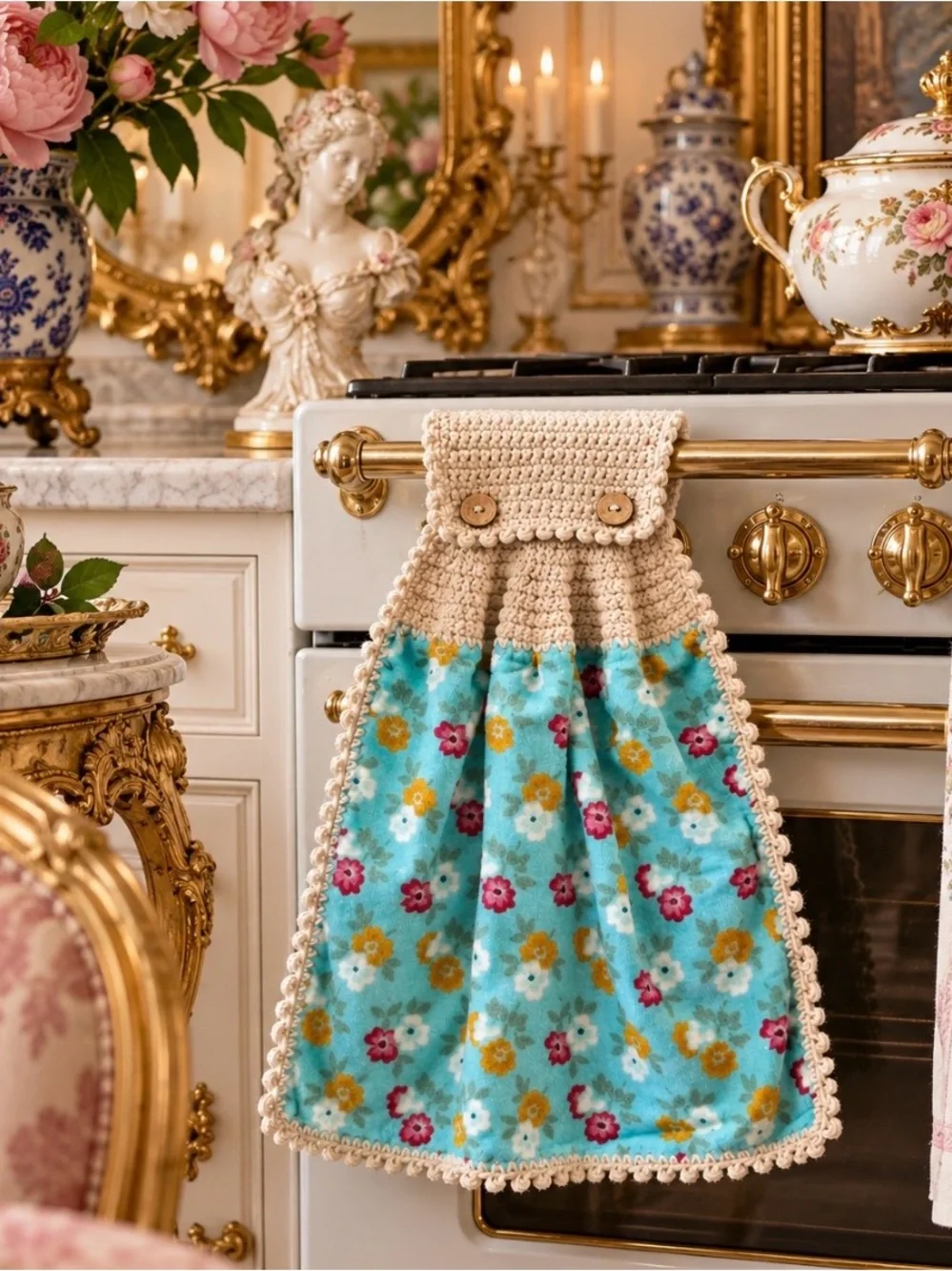 Handmade Pioneer Woman Turquoise Floral Crochet Hanging Kitchen Towel
